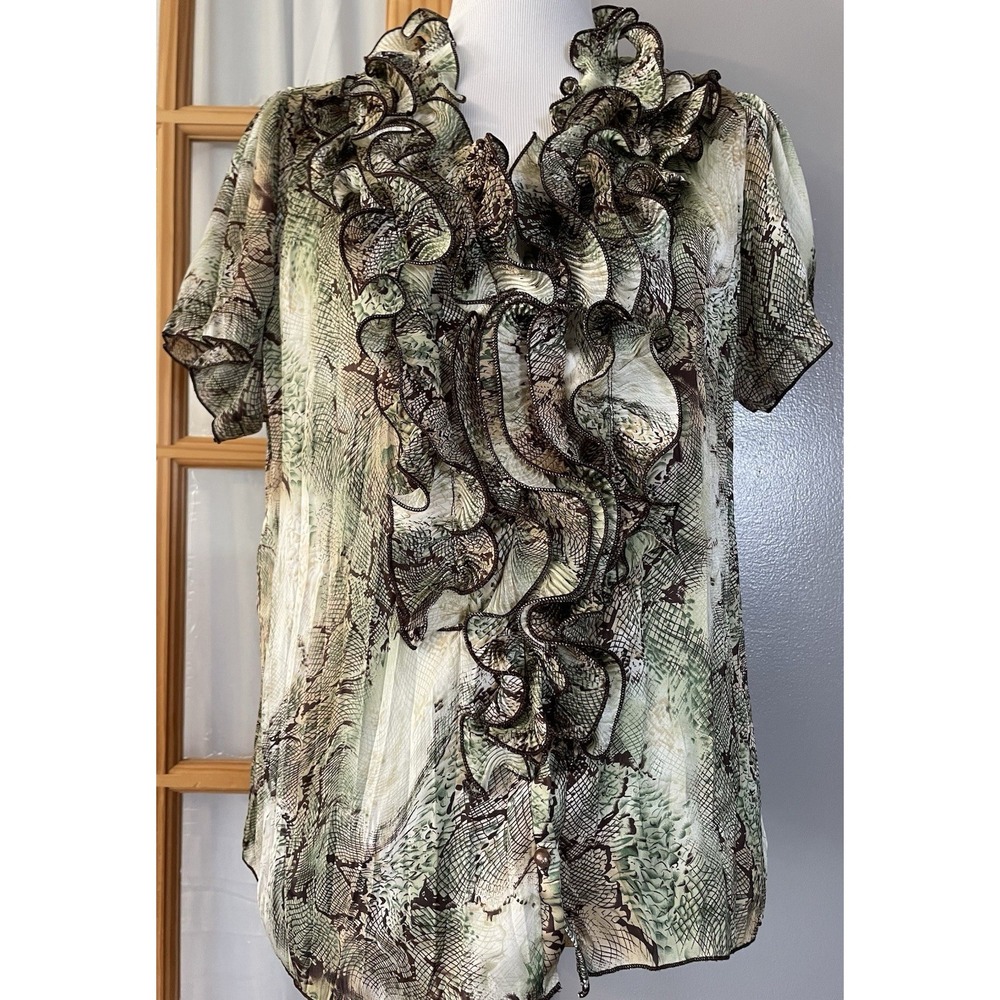 90s Dressbarn Ruffled V Neck Button Blouse XL Crinkled Python Print Ivory Green